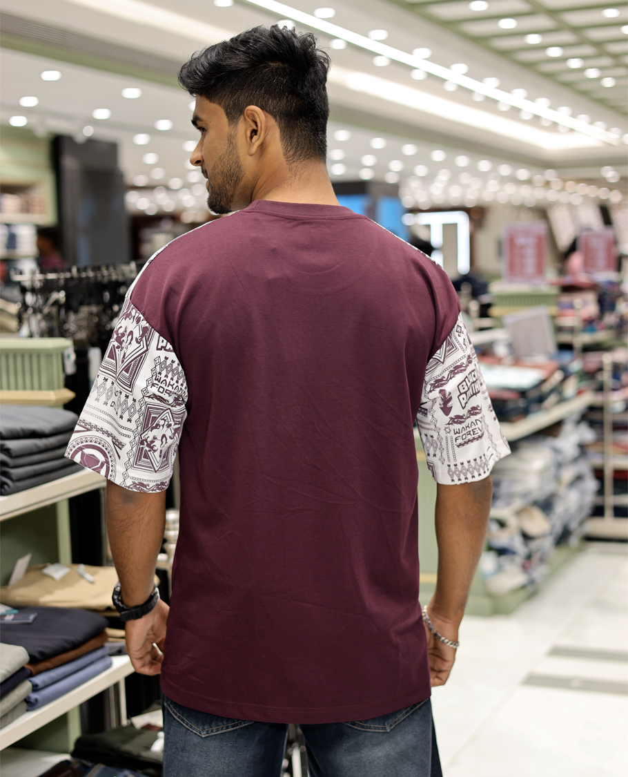 Maroon Cotton-Blended Crew-Neck T-Shirt Features Typography Print, Printed Half-Sleeves, Regular Fit, and Regular Length