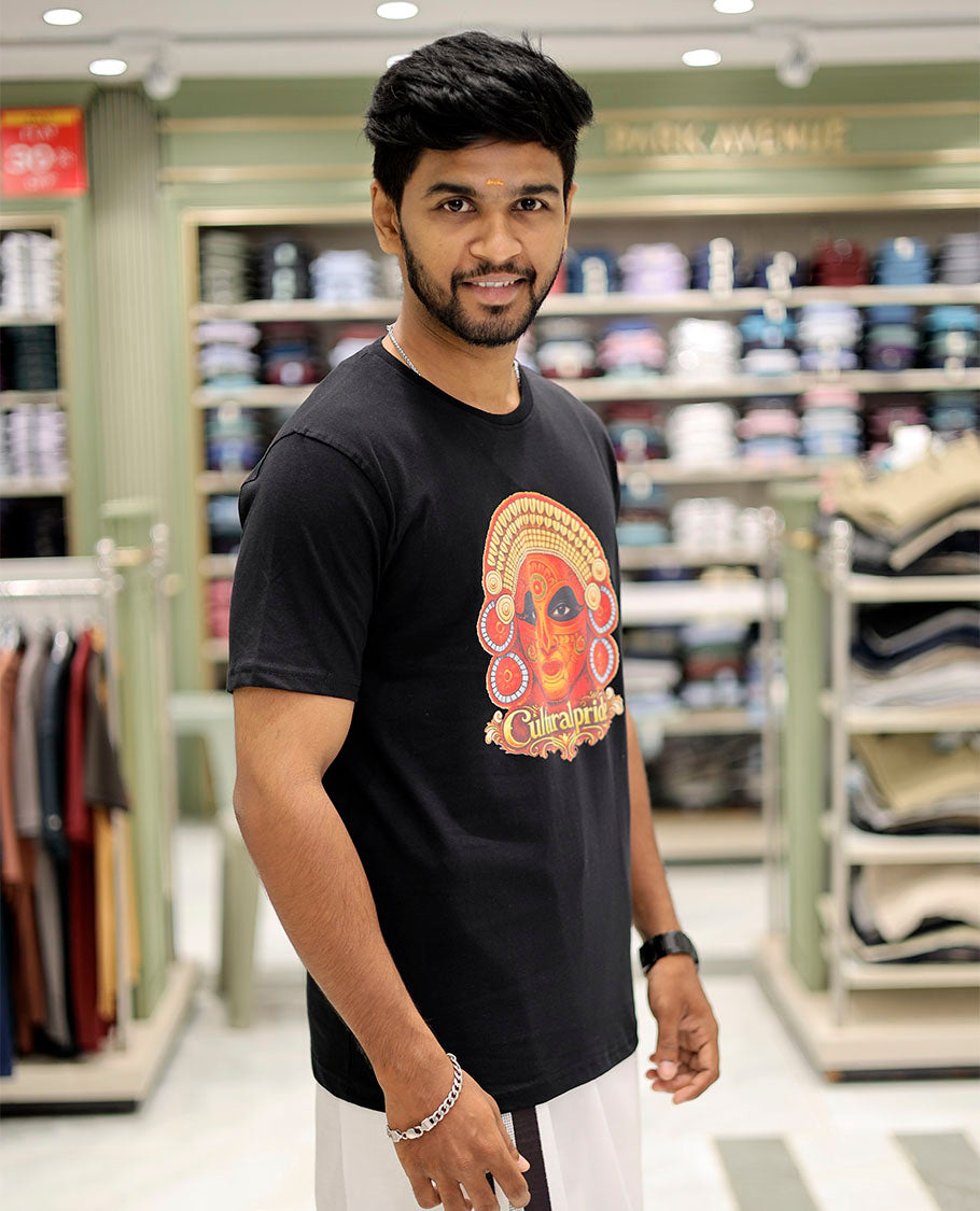 Black Cotton-Blended T-Shirt Features Kerala-Themed Print, Half-Sleeves, a Round Neck, a Slim Fit, and a Regular Length