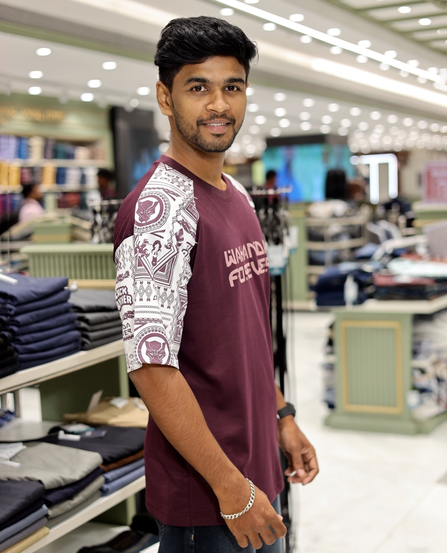  Maroon Cotton-Blended Crew-Neck T-Shirt Features Typography Print, Printed Half-Sleeves, Regular Fit, and Regular Length