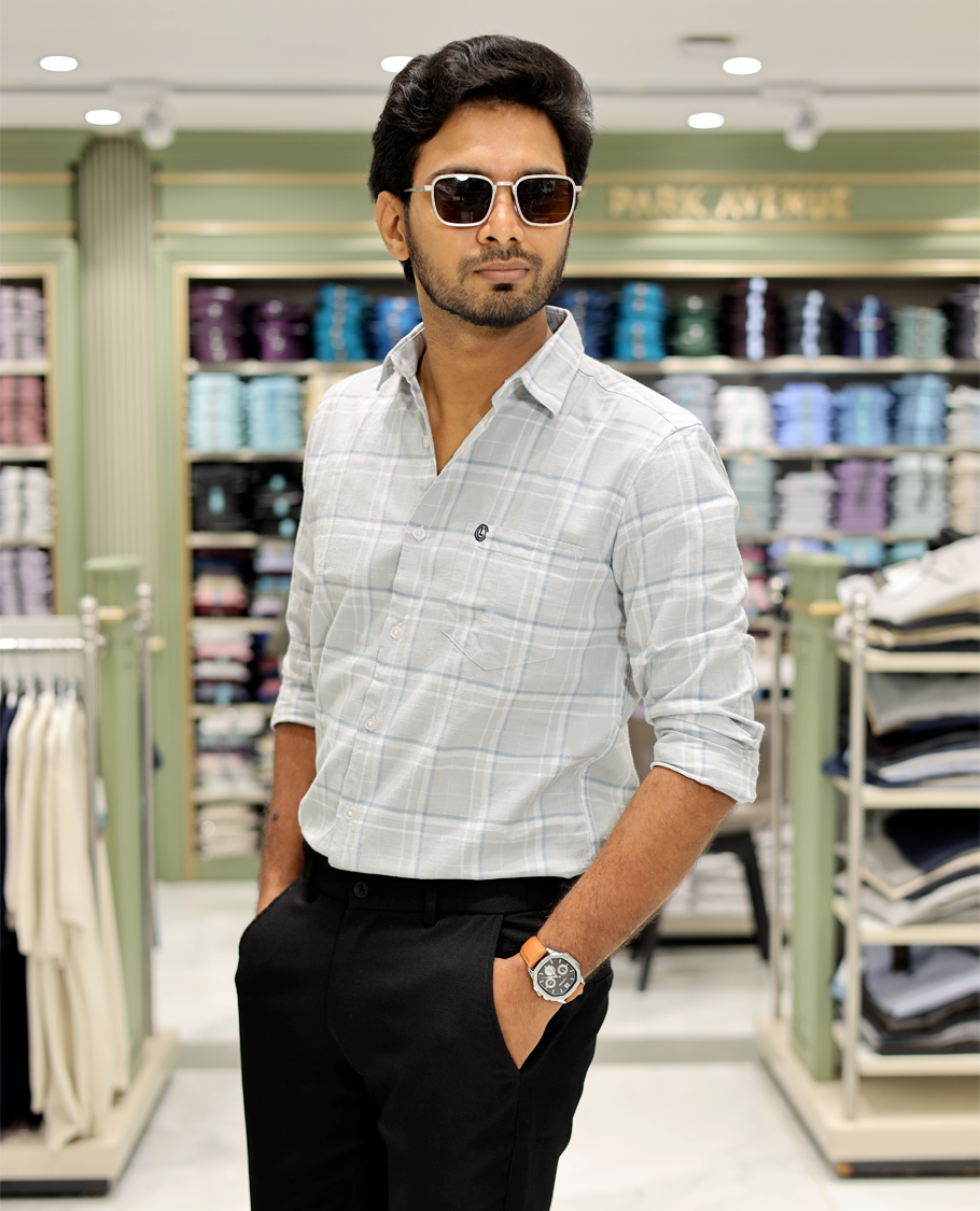 Blue Cotton-Linen-Blended Casual Shirt Features Checks, Full Sleeve, Spread Collar, a Slim Fit, and a Regular Length