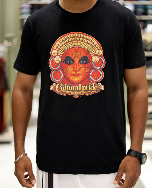 Black Cotton-Blended T-Shirt Features Kerala-Themed Print, Half-Sleeves, a Round Neck, a Slim Fit, and a Regular Length