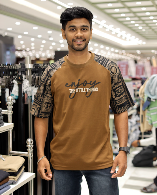Brown Cotton-Blended Crew-Neck T-Shirt Features Typography Print, Printed Half-Sleeves, Regular Fit, and Regular Length