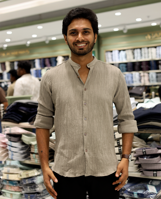 Taupe Poly-Blended Casual Shirt Features Full Sleeves, a Mandarin Collar, Slim Fit, and Regular Length