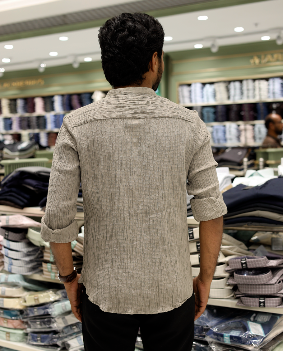 Taupe Poly-Blended Casual Shirt Features Full Sleeves, a Mandarin Collar, Slim Fit, and Regular Length