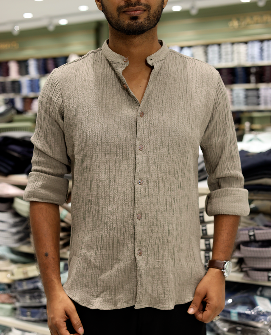 Taupe Poly-Blended Casual Shirt Features Full Sleeves, a Mandarin Collar, Slim Fit, and Regular Length