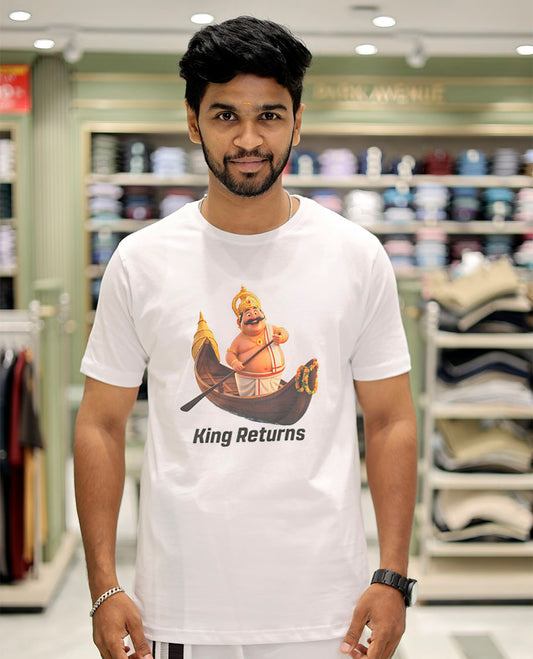 White Cotton-Blended T-Shirt Comes with Kerala-Themed Kathakali Print, Half-Sleeves, a Round Neck, a Slim Fit, and a Regular Length