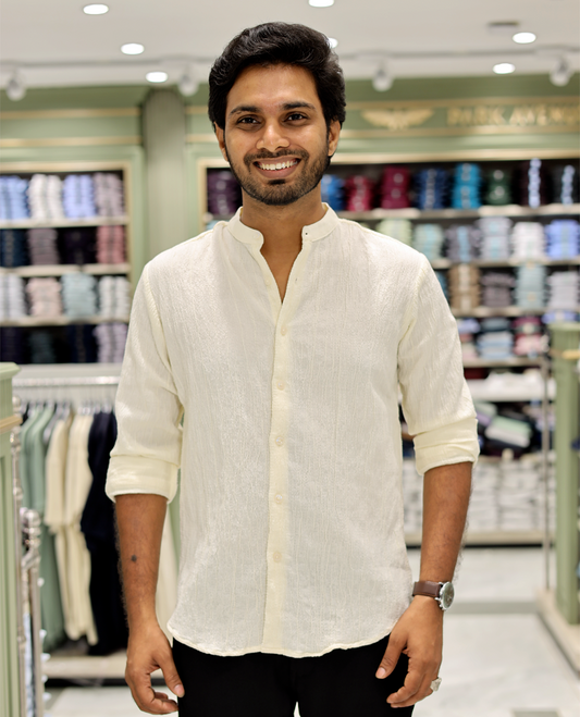 Cream Poly-Blended Casual Shirt Features Full Sleeves, a Mandarin Collar, Slim Fit, and Regular Length 