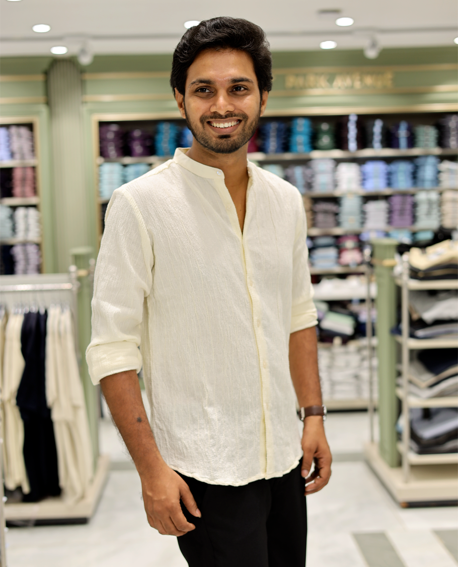 Cream Poly-Blended Casual Shirt Features Full Sleeves, a Mandarin Collar, Slim Fit, and Regular Length 