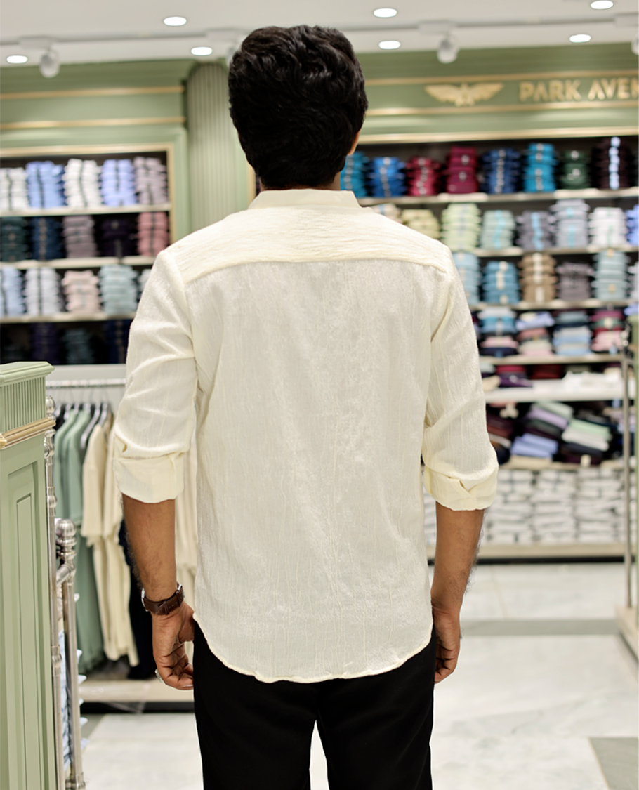 Cream Poly-Blended Casual Shirt Features Full Sleeves, a Mandarin Collar, Slim Fit, and Regular Length 