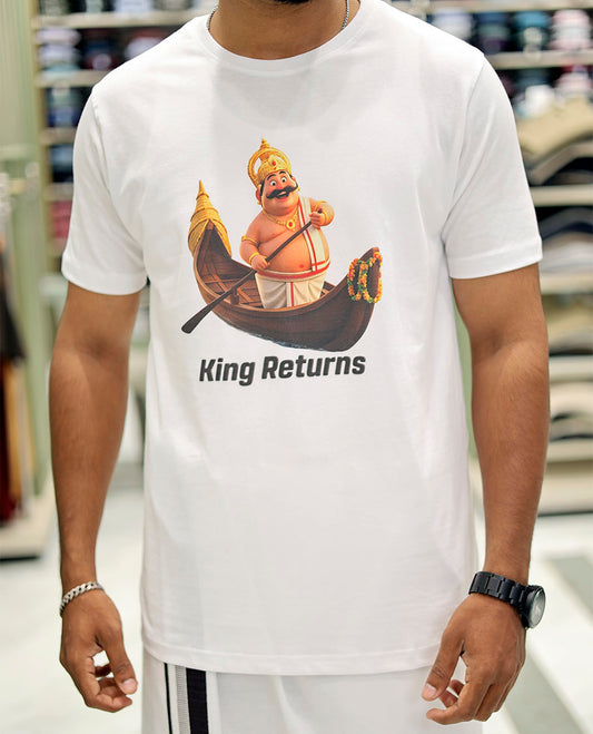 White Cotton-Blended T-Shirt Comes with Kerala-Themed Kathakali Print, Half-Sleeves, a Round Neck, a Slim Fit, and a Regular Length