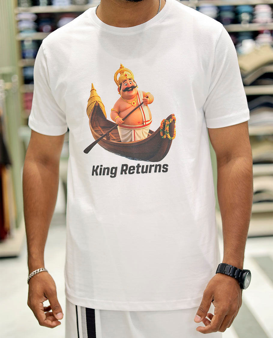 White Cotton-Blended T-Shirt Comes with Kerala-Themed Kathakali Print, Half-Sleeves, a Round Neck, a Slim Fit, and a Regular Length