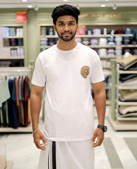 White Cotton-Blended T-Shirt Comes with Kerala-Kathakali Print, Half-Sleeves, a Round Neck, a Slim Fit, and a Regular Length