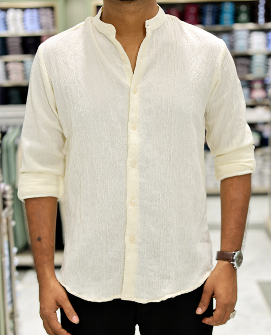 Cream Poly-Blended Casual Shirt Features Full Sleeves, a Mandarin Collar, Slim Fit, and Regular Length 
