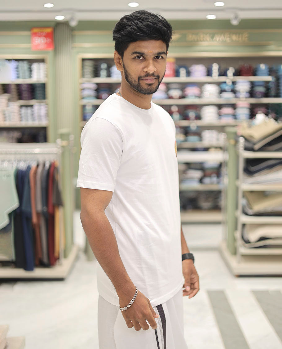 White Cotton-Blended T-Shirt Comes with Kerala-Kathakali Print, Half-Sleeves, a Round Neck, a Slim Fit, and a Regular Length