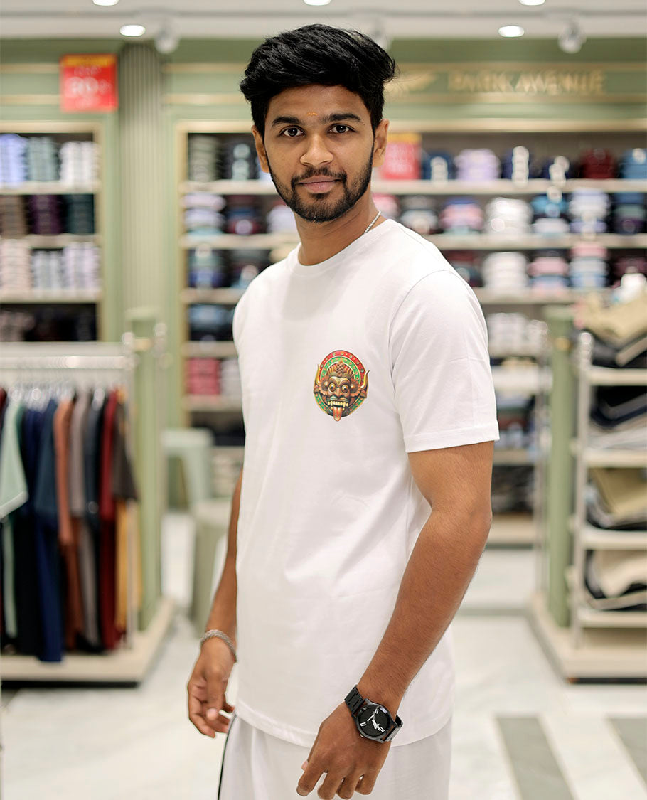 White Cotton-Blended T-Shirt Comes with Kerala-Kathakali Print, Half-Sleeves, a Round Neck, a Slim Fit, and a Regular Length