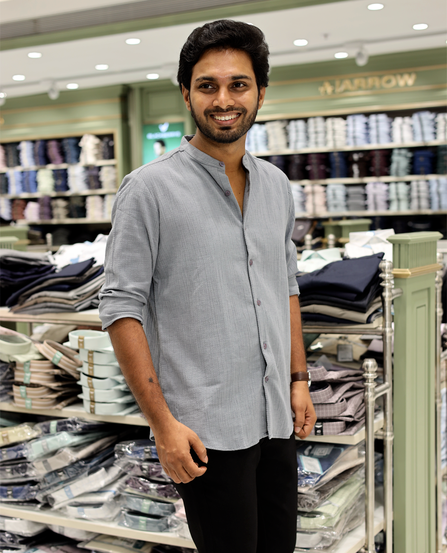 Grey Poly-Blended Casual Shirt Features Full Sleeves, a Mandarin Collar, Slim Fit, and Regular Length