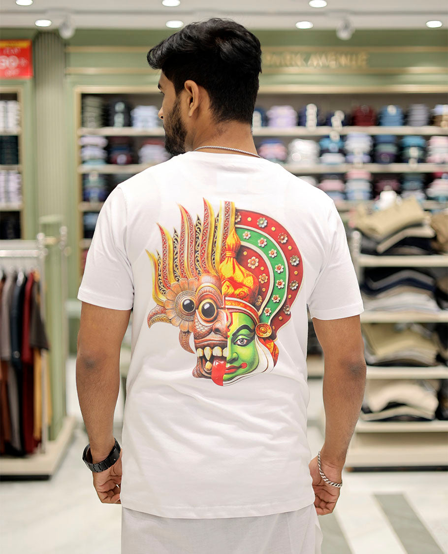 White Cotton-Blended T-Shirt Comes with Kerala-Kathakali Print, Half-Sleeves, a Round Neck, a Slim Fit, and a Regular Length