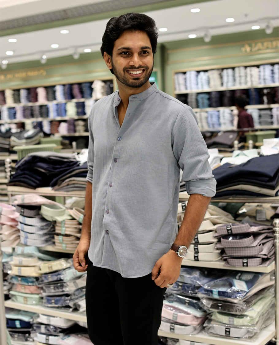 Grey Poly-Blended Casual Shirt Features Full Sleeves, a Mandarin Collar, Slim Fit, and Regular Length