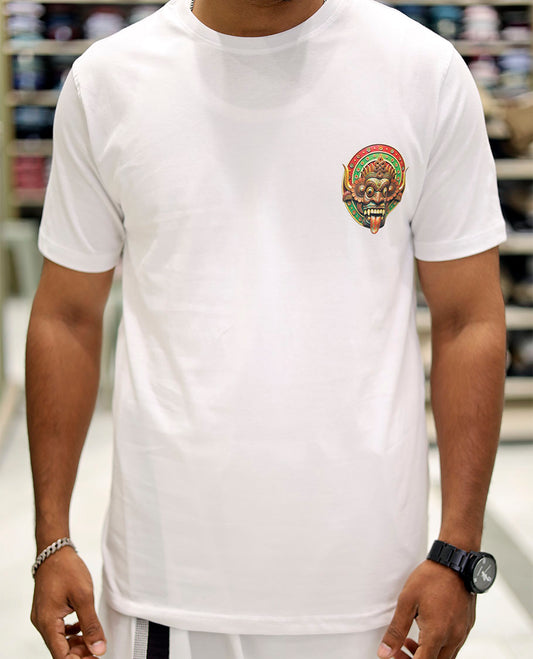 White Cotton-Blended T-Shirt Comes with Kerala-Kathakali Print, Half-Sleeves, a Round Neck, a Slim Fit, and a Regular Length