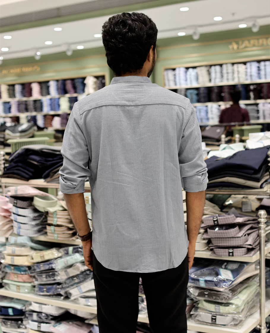 Grey Poly-Blended Casual Shirt Features Full Sleeves, a Mandarin Collar, Slim Fit, and Regular Length