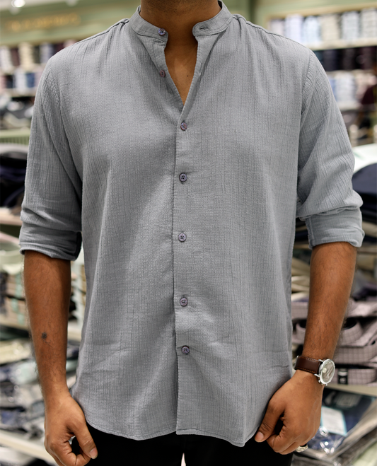Grey Poly-Blended Casual Shirt Features Full Sleeves, a Mandarin Collar, Slim Fit, and Regular Length