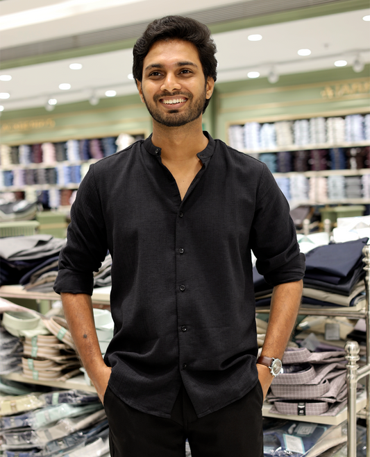Black Poly-Blended Casual Shirt Features Full Sleeves, a Mandarin Collar, Slim Fit, and Regular Length
