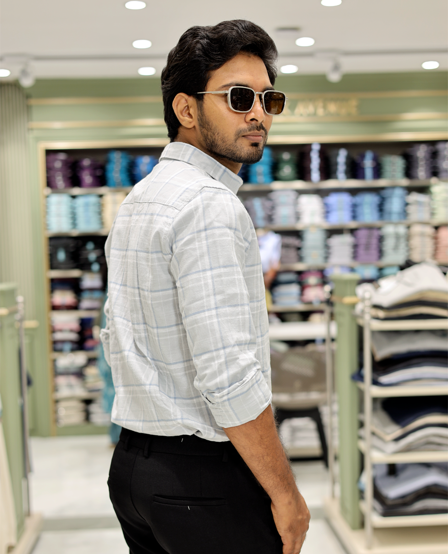 Blue Cotton-Linen-Blended Casual Shirt Features Checks, Full Sleeve, Spread Collar, a Slim Fit, and a Regular Length