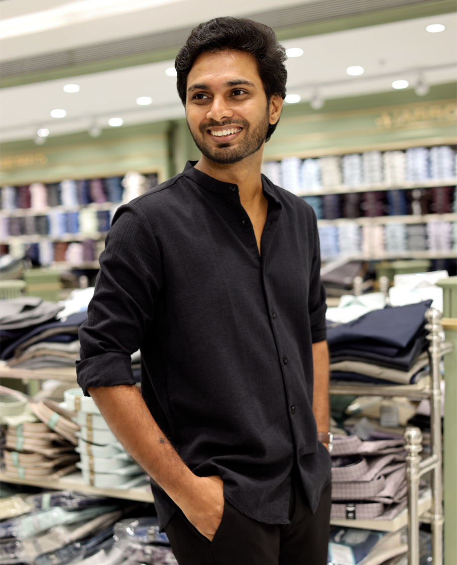 Black Poly-Blended Casual Shirt Features Full Sleeves, a Mandarin Collar, Slim Fit, and Regular Length