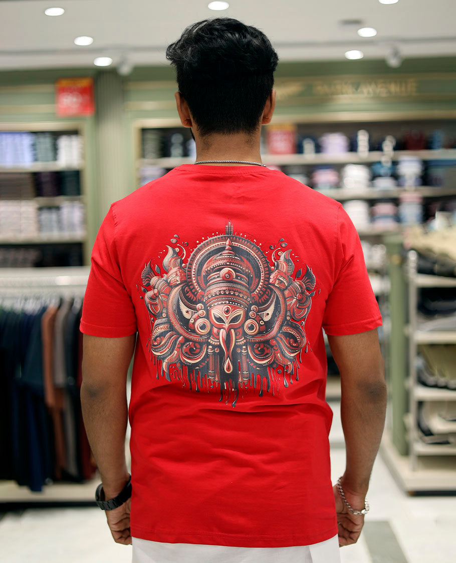 Red Cotton-Blended T-Shirt Features Onam-Themed Face Print, Half-Sleeves, a Round Neck, a Slim Fit, and a Regular Length
