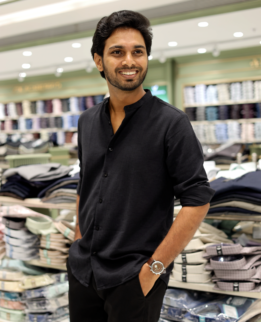 Black Poly-Blended Casual Shirt Features Full Sleeves, a Mandarin Collar, Slim Fit, and Regular Length