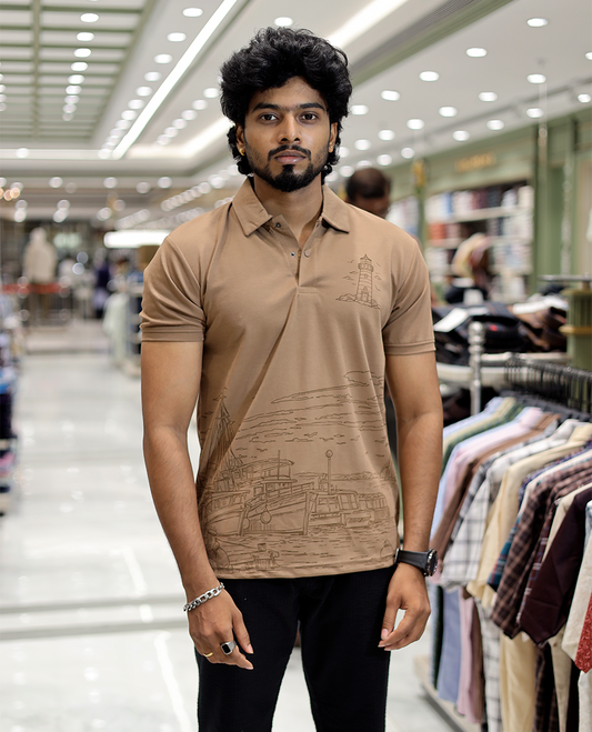 Brown Architecture Theme Cotton-Blended T-Shirt