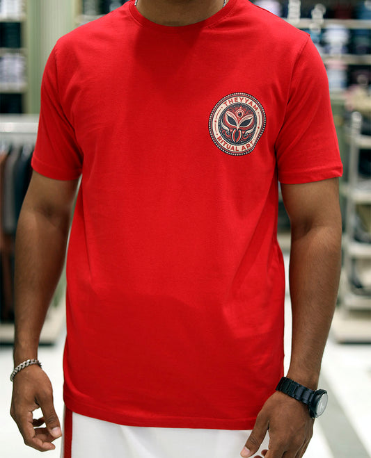 Red Cotton-Blended T-Shirt Features Onam-Themed Face Print, Half-Sleeves, a Round Neck, a Slim Fit, and a Regular Length