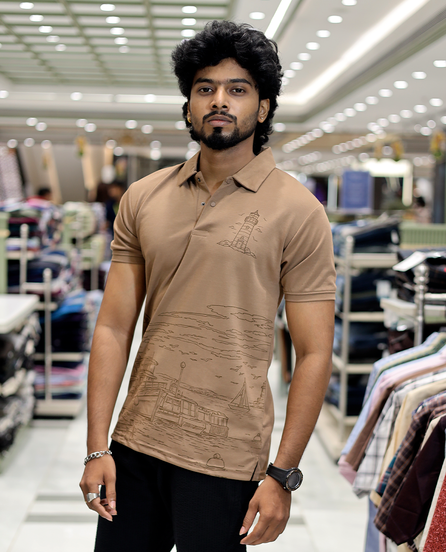 Brown Architecture Theme Cotton-Blended T-Shirt