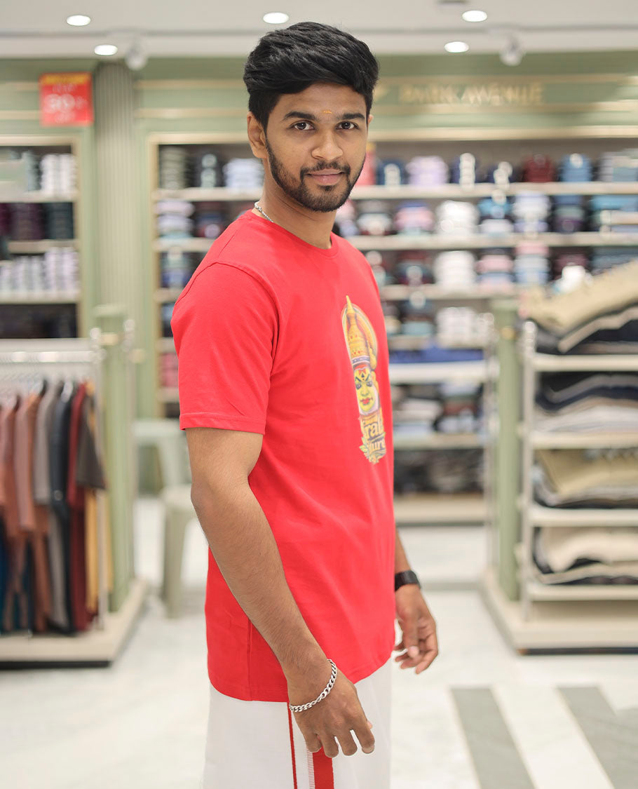Red Cotton-Blended T-Shirt Features Kerala-Themed Kathakali Print, Half-Sleeves, a Round Neck, a Slim Fit, and a Regular Length