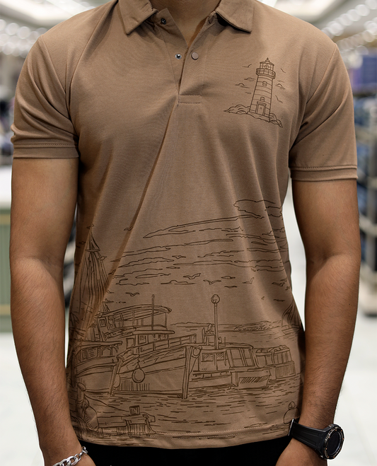 Brown Architecture Theme Cotton-Blended T-Shirt