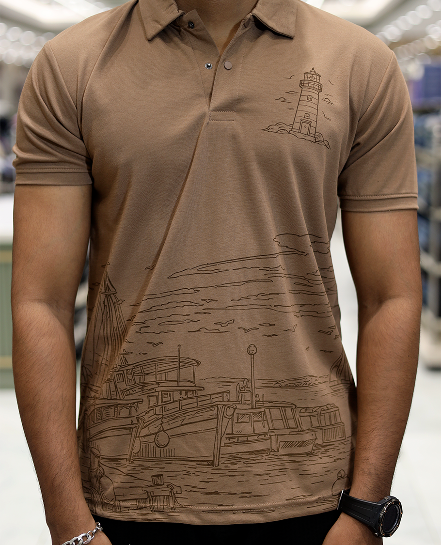 Brown Architecture Theme Cotton-Blended T-Shirt