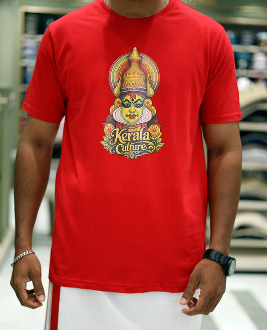 Red Cotton-Blended T-Shirt Features Kerala-Themed Kathakali Print, Half-Sleeves, a Round Neck, a Slim Fit, and a Regular Length