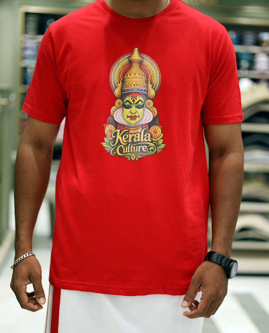 Red Cotton-Blended T-Shirt Features Kerala-Themed Kathakali Print, Half-Sleeves, a Round Neck, a Slim Fit, and a Regular Length