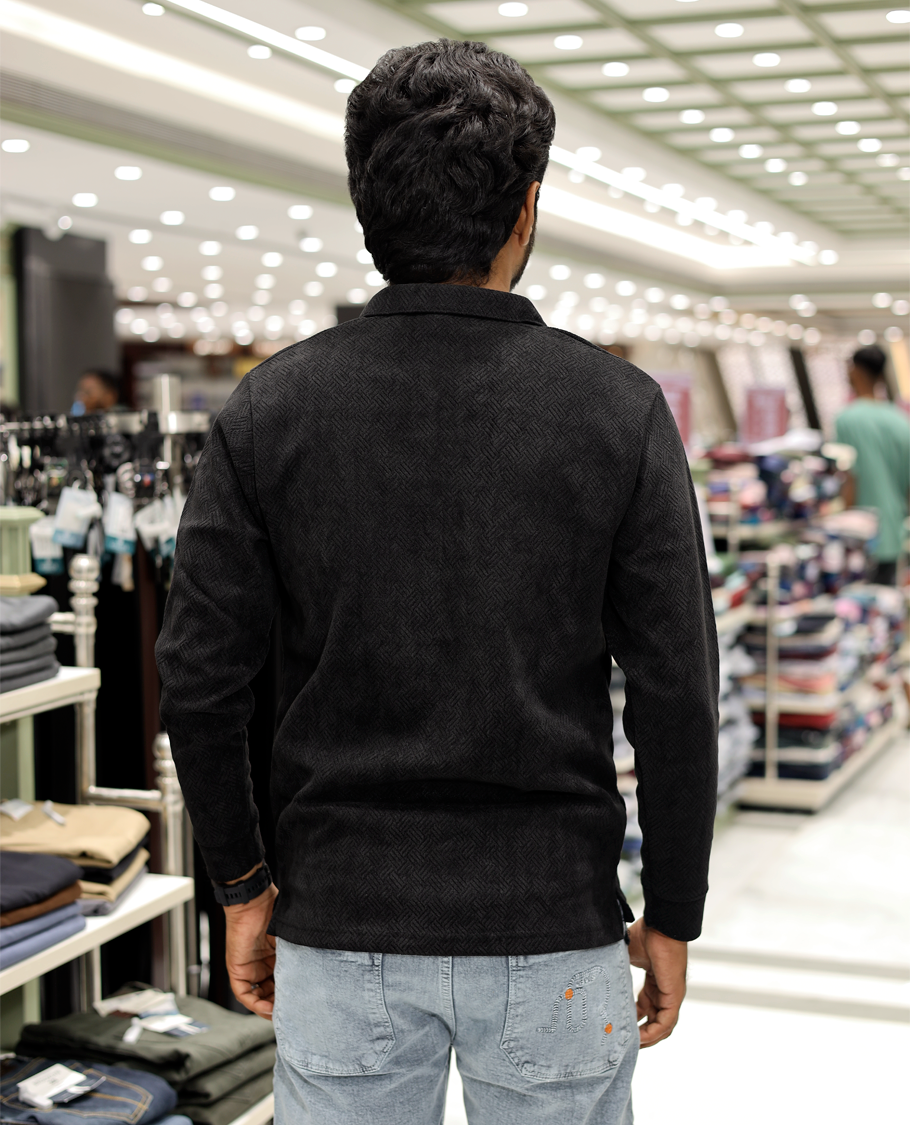 Black Poly-Blended Zipper T-Shirt Features Full-Sleeves, a Polo Collar, Regular Fit, and Regular Length 