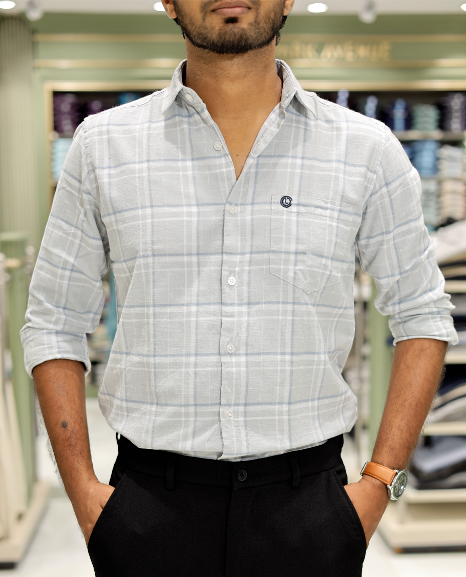 Blue Cotton-Linen-Blended Casual Shirt Features Checks, Full Sleeve, Spread Collar, a Slim Fit, and a Regular Length