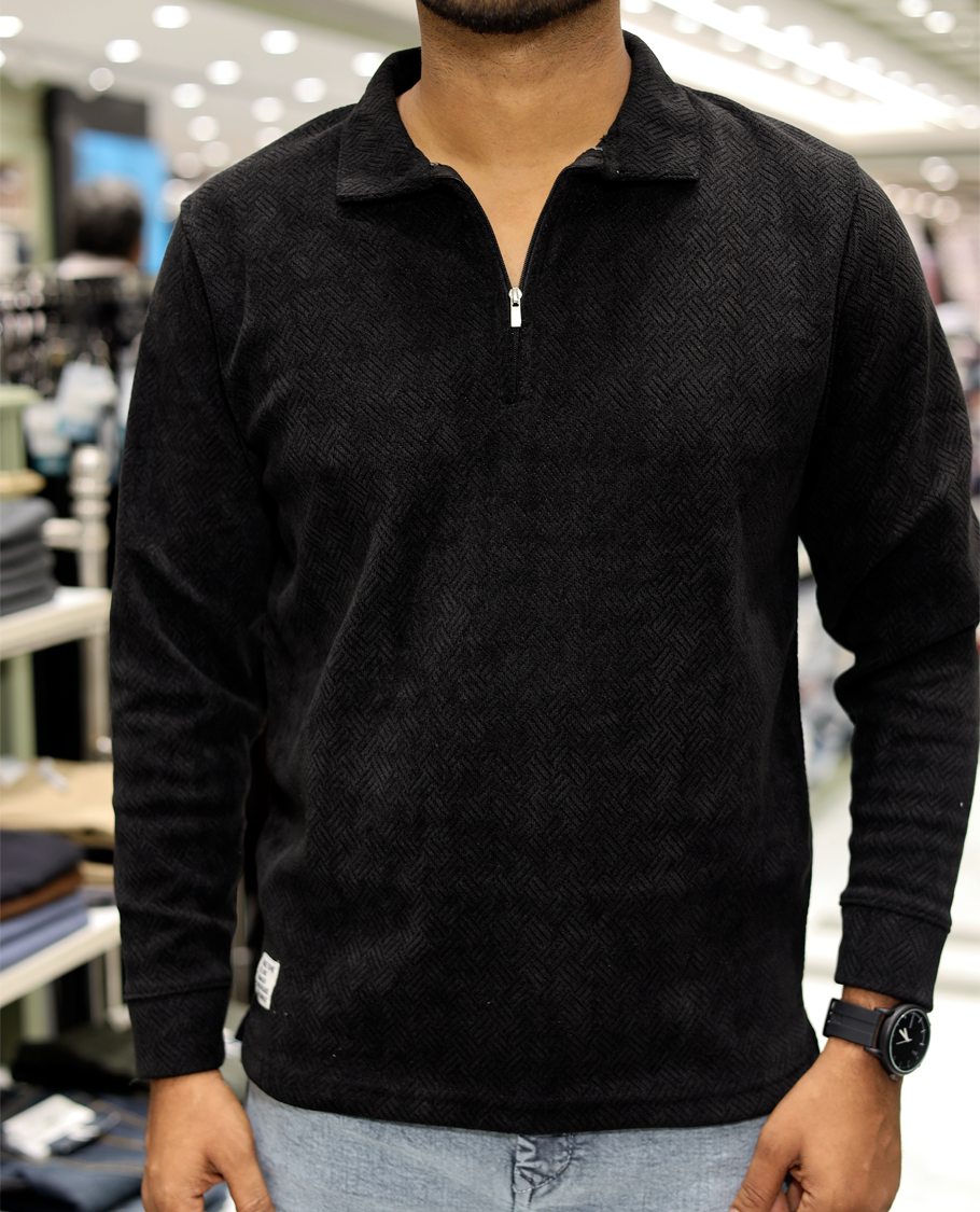 Black Poly-Blended Zipper T-Shirt Features Full-Sleeves, a Polo Collar, Regular Fit, and Regular Length 