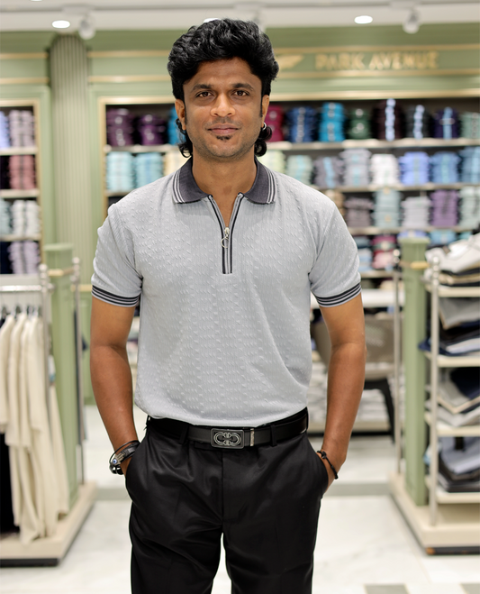 Grey Cotton-Blended Zipper T-Shirt Features Half-Sleeves, a Polo Collar, Slim Fit, and Regular Length.