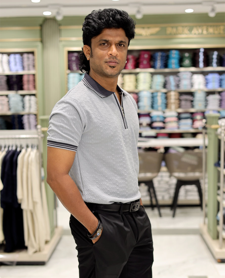 Grey Cotton-Blended Zipper T-Shirt Features Half-Sleeves, a Polo Collar, Slim Fit, and Regular Length