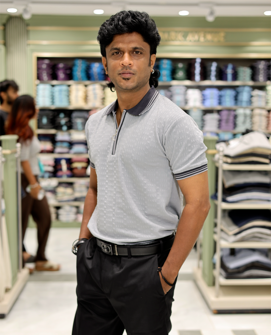 Grey Cotton-Blended Zipper T-Shirt Features Half-Sleeves, a Polo Collar, Slim Fit, and Regular Length