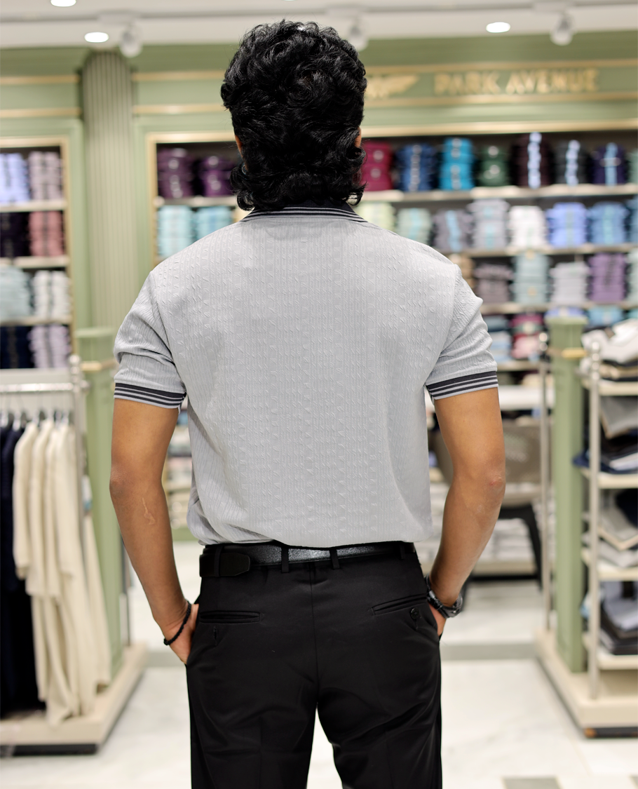 Grey Cotton-Blended Zipper T-Shirt Features Half-Sleeves, a Polo Collar, Slim Fit, and Regular Length