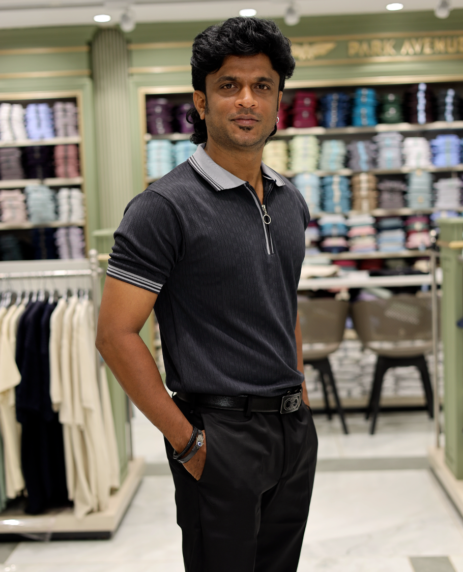 Navy Cotton-Blended Zipper T-Shirt Features Half-Sleeves, a Polo Collar, Slim Fit, and Regular Length 
