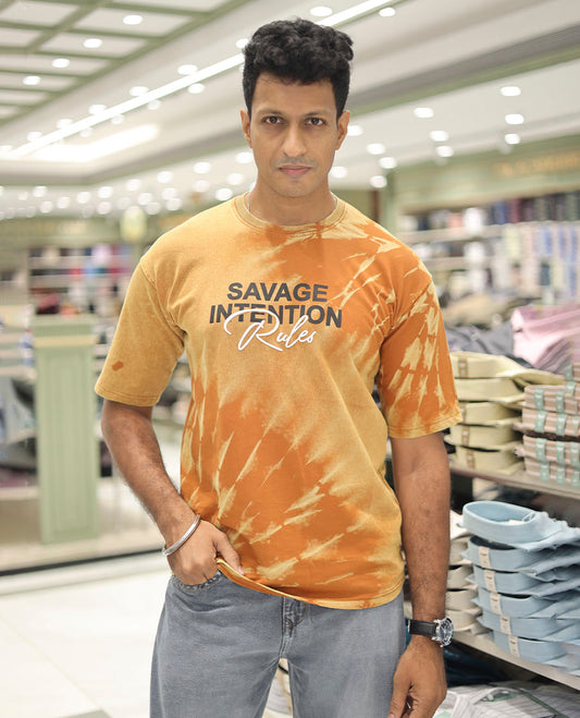Orange Cotton-Blended T-Shirt Features Typography Print, Half Sleeves, a Round Neck, an Oversized Fit, and a Regular Length