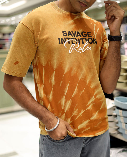 Orange Cotton-Blended T-Shirt Features Typography Print, Half Sleeves, a Round Neck, an Oversized Fit, and a Regular Length