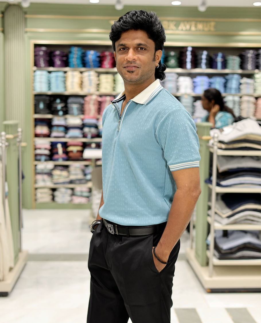Teal Cotton-Blended Zipper T-Shirt Features Half-Sleeves, a Polo Collar, Slim Fit, and Regular Length 
