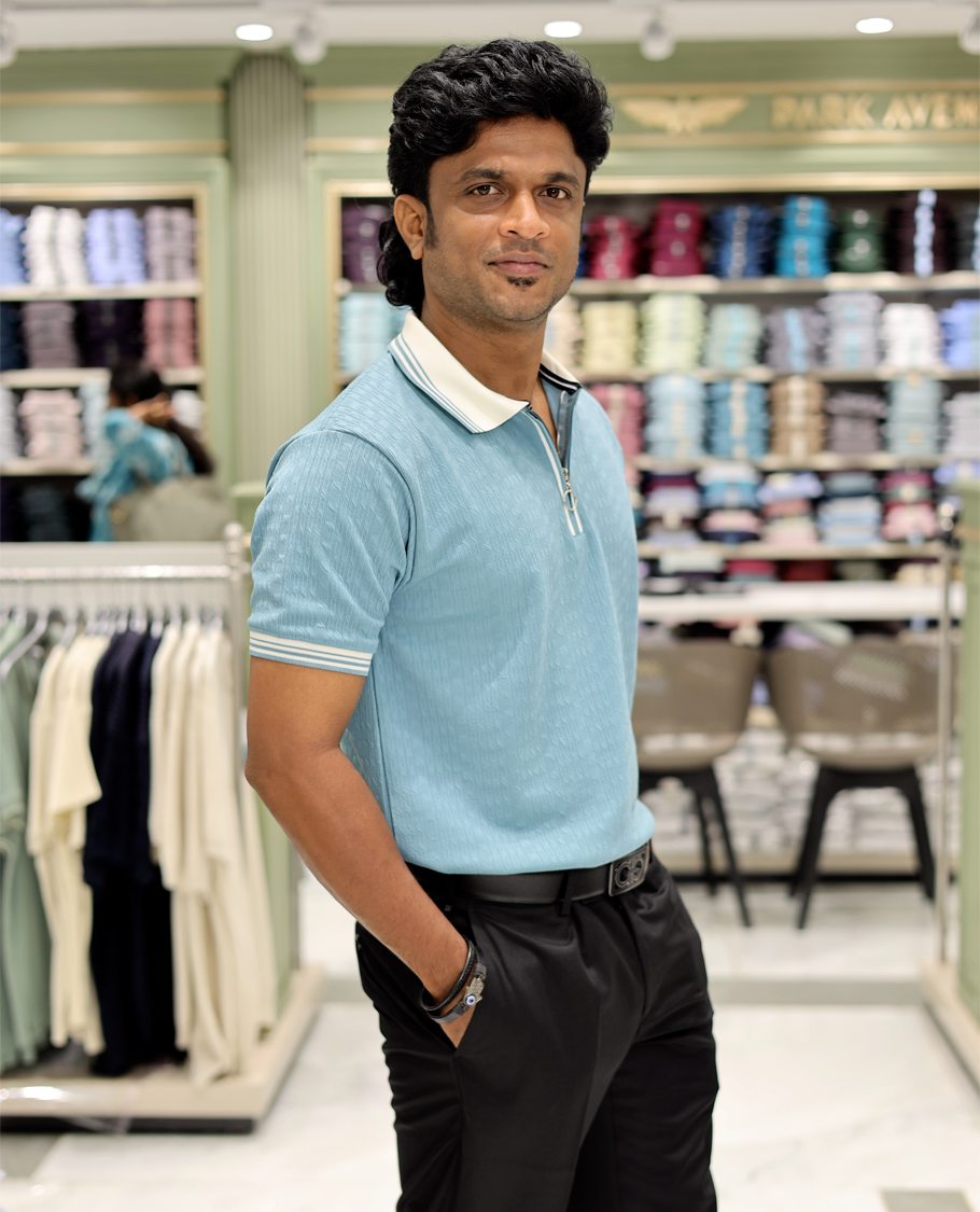 Teal Cotton-Blended Zipper T-Shirt Features Half-Sleeves, a Polo Collar, Slim Fit, and Regular Length 